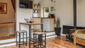 A compact living space with a kitchenette, a sofa, a TV, and a fireplace.