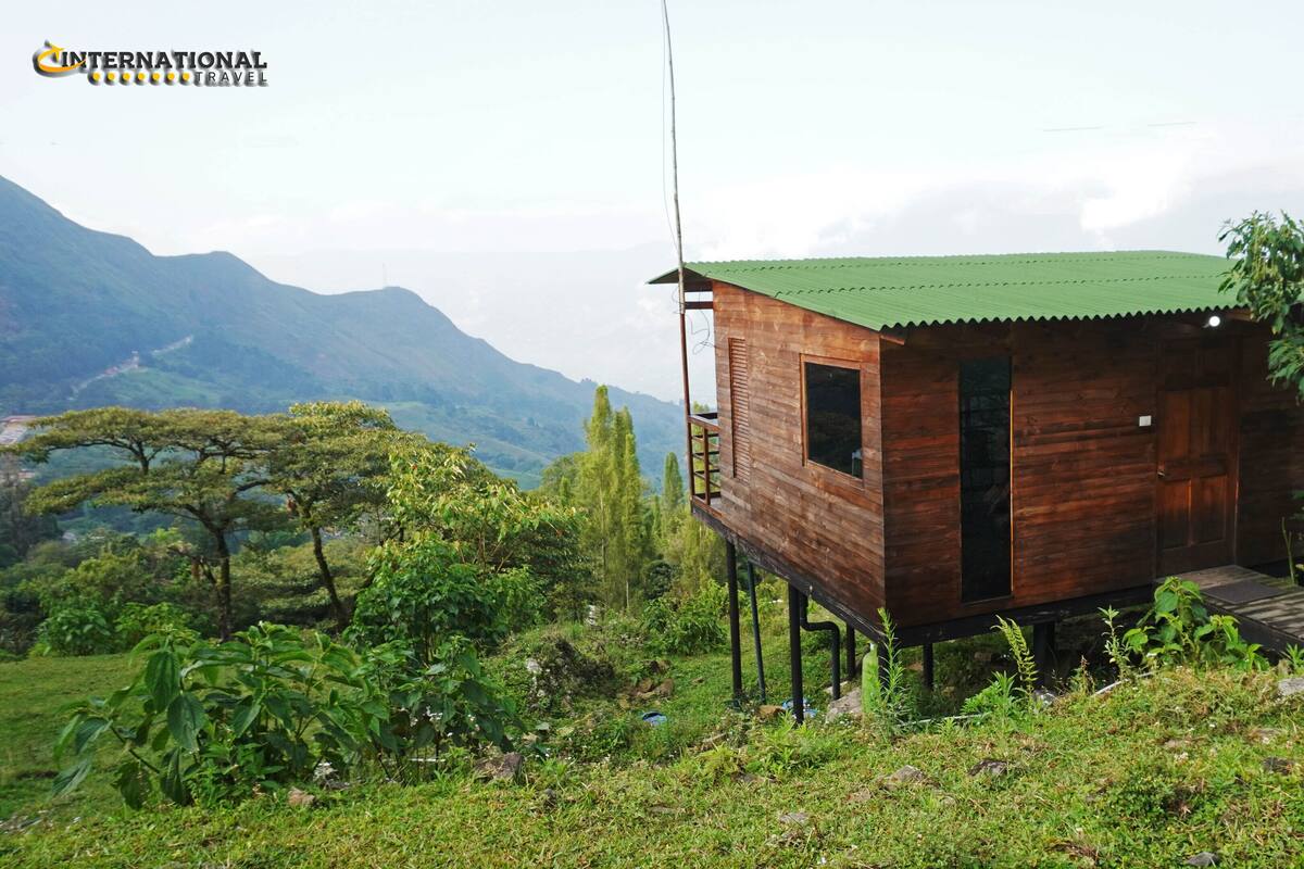 Una cabaña de madera con techo verde, elevada sobre pilotes, rodeada de exuberante vegetación y montañas al fondo.