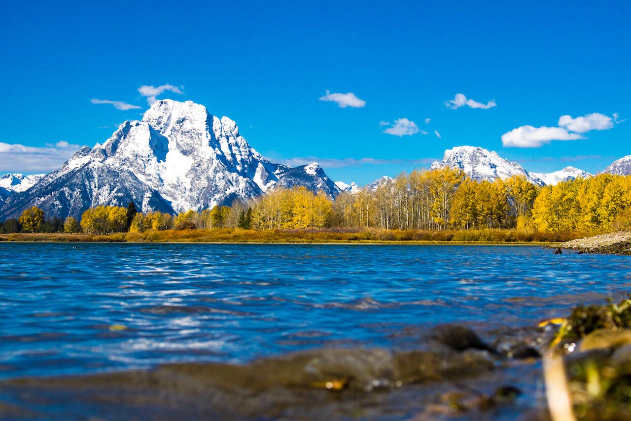 A river with mountains in the background.