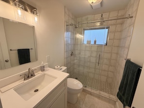 A bathroom with a glass shower enclosure, a white sink, and a mirror.