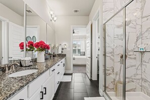 Hair dryer, towels, soap, shampoo