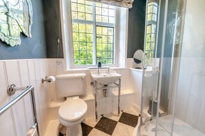 Un bagno con WC, lavandino e doccia.