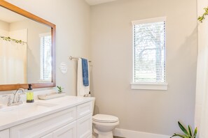 Combined shower/bathtub, hair dryer, towels, soap