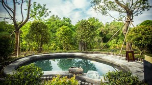 Une piscine circulaire entourée d’une végétation luxuriante et d’arbres.
