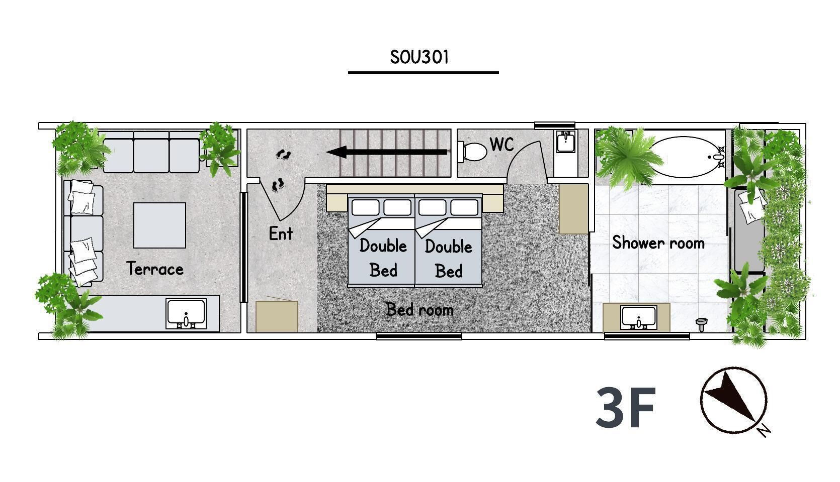 Planta baixa de um quarto de hotel identificado como S031, com terraço, cama de casal, quarto, casa de banho e cabine de duche.