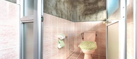 A bathroom with a toilet, a shower area, and a tiled floor.