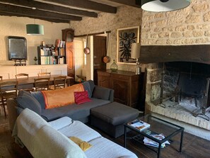 TV, fireplace, books, printers