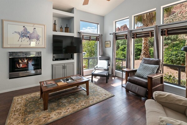 テレビ、暖炉、DVD プレーヤー