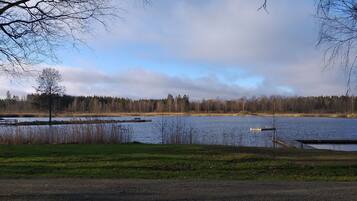 A serene lakeside view with a dock, grassy area, and trees in the background.