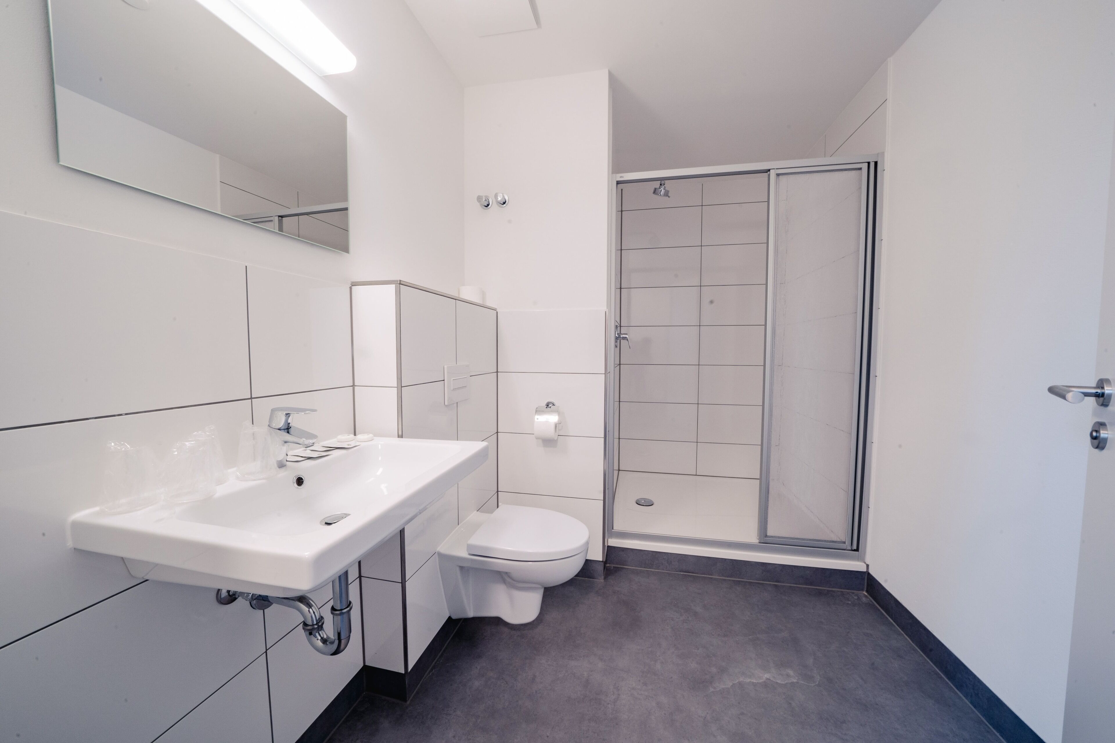 A modern bathroom with a white sink, toilet, and glass shower enclosure.