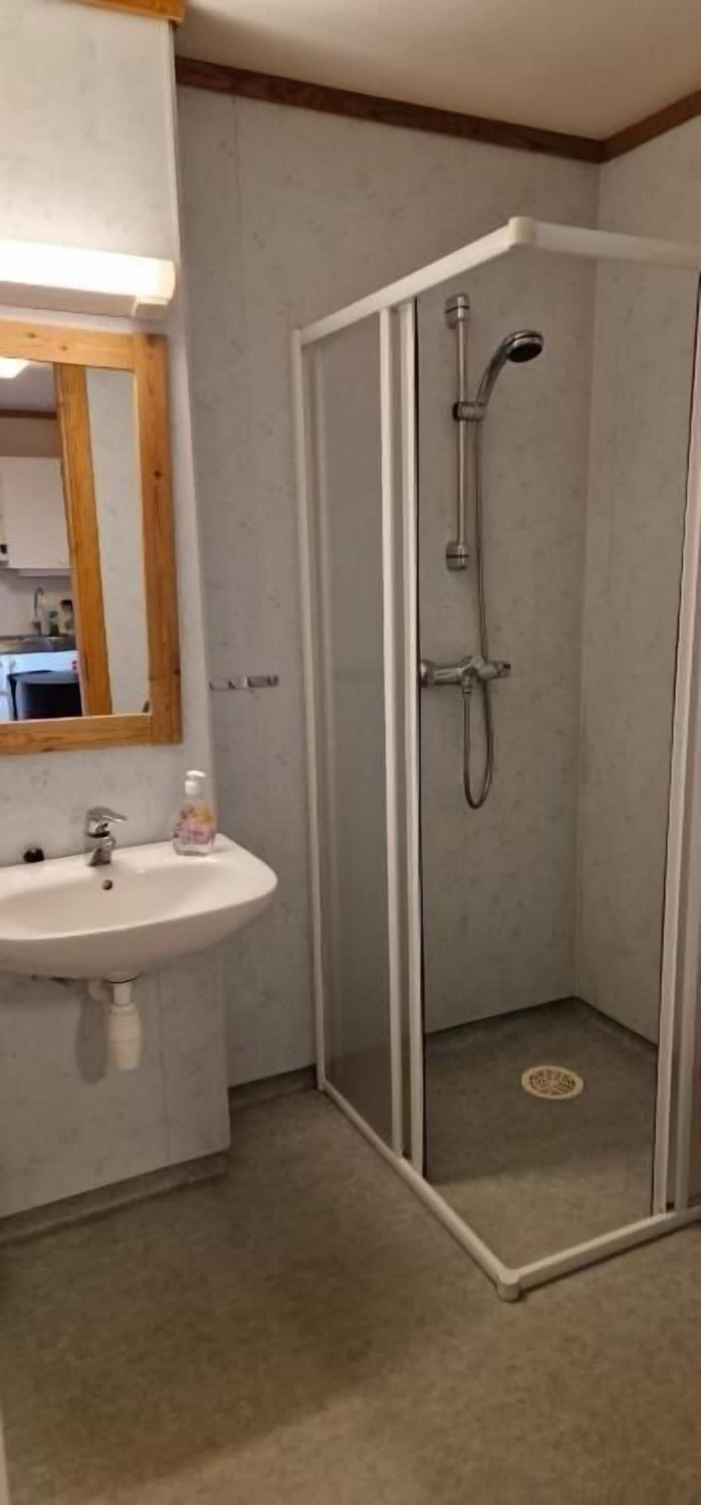 A bathroom with a glass-enclosed shower, a sink with a mirror, and a wooden-framed mirror.
