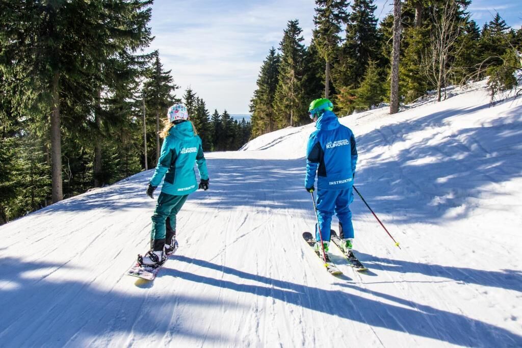 Two people skiing on a snowy slope with trees in the background.