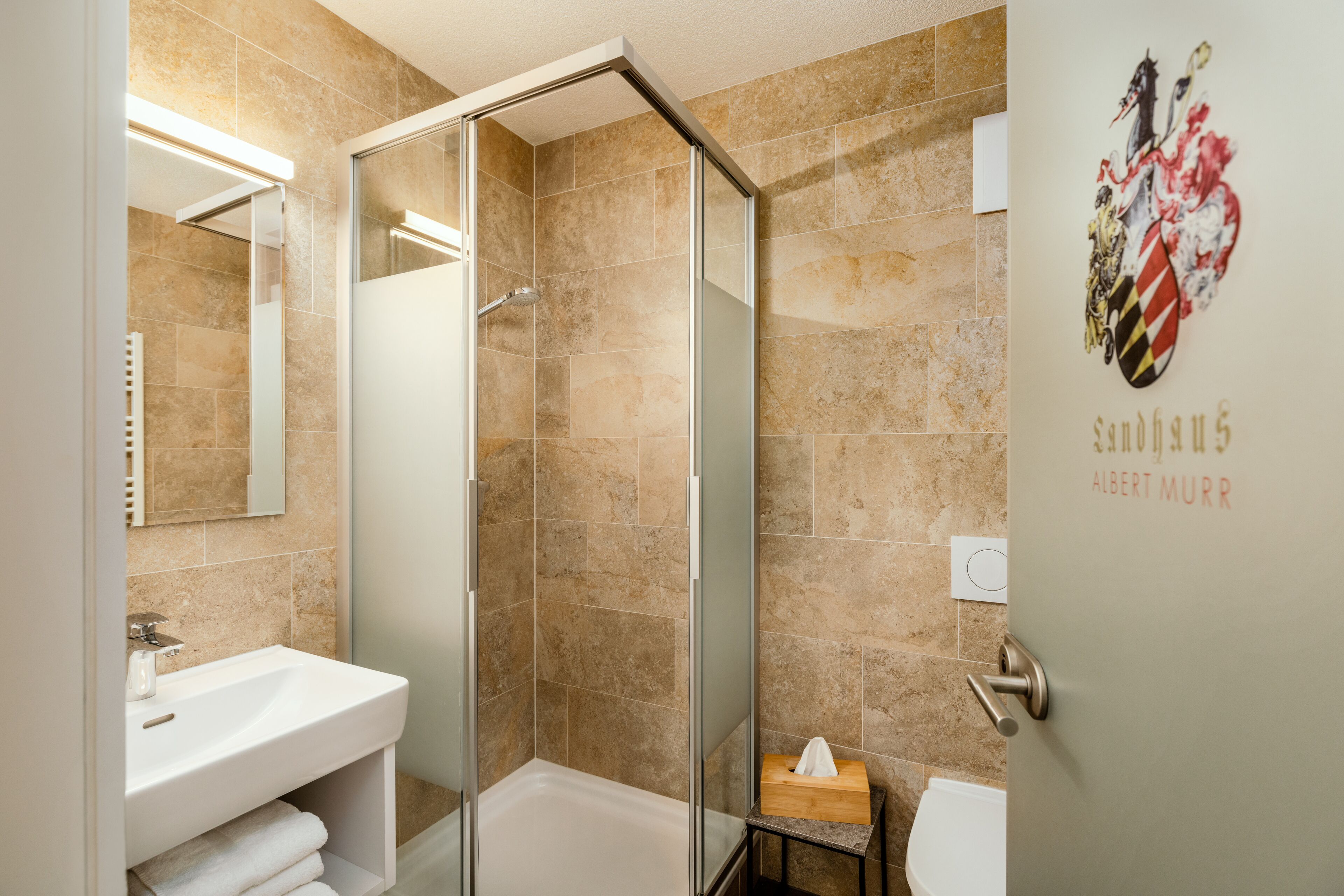 A modern bathroom with a glass-enclosed shower, a white sink, and a toilet.