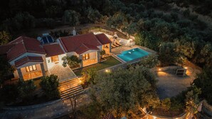 Vista aérea de una casa con piscina, sendero de piedra y follaje circundante.