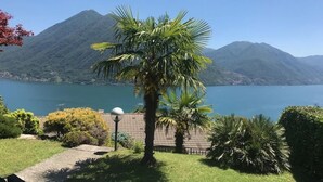A view of a lake with mountains in the background, a palm tree, and a lamp post. - Villetta near Argegno Dizzasco (Muronico)