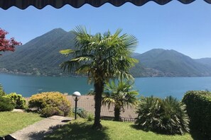 Vista de un lago con montañas al fondo, una palmera y un poste de luz.