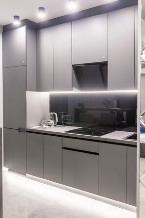 Panoramic Studio Suite | Private kitchen | Full-sized fridge, microwave, stovetop, electric kettle - European Apart-Hotel (Dnipro)