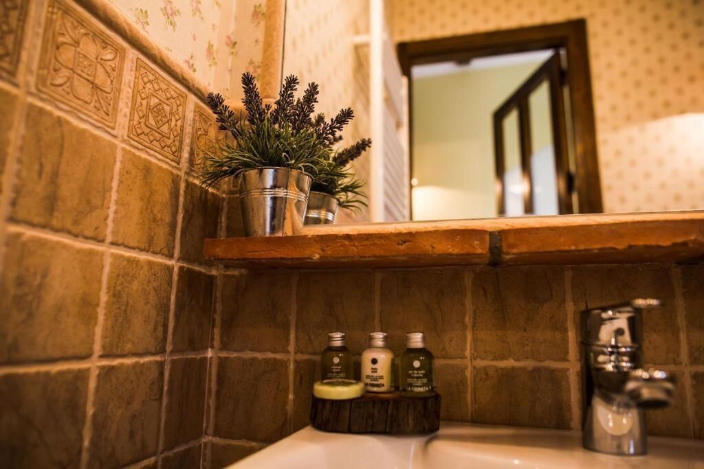A bathroom with a stone-tiled wall, a wooden shelf with a potted plant, and three bottles of toiletries on the sink.