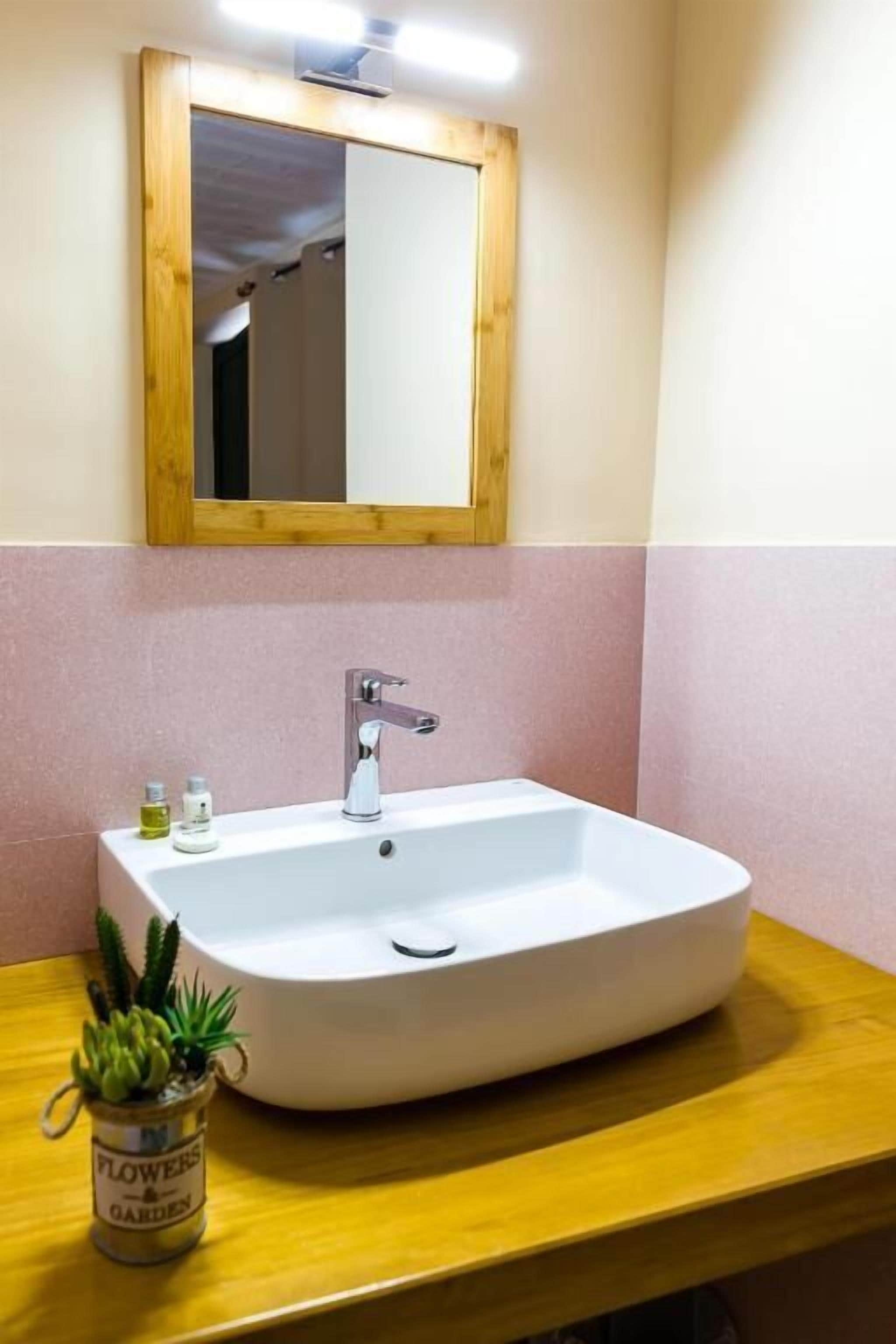 A bathroom with a white sink, a wooden countertop, a mirror with a wooden frame, and a small potted plant on the counter.