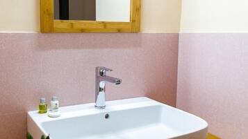 A bathroom with a white sink, a wooden countertop, a mirror with a wooden frame, and a small potted plant on the counter.