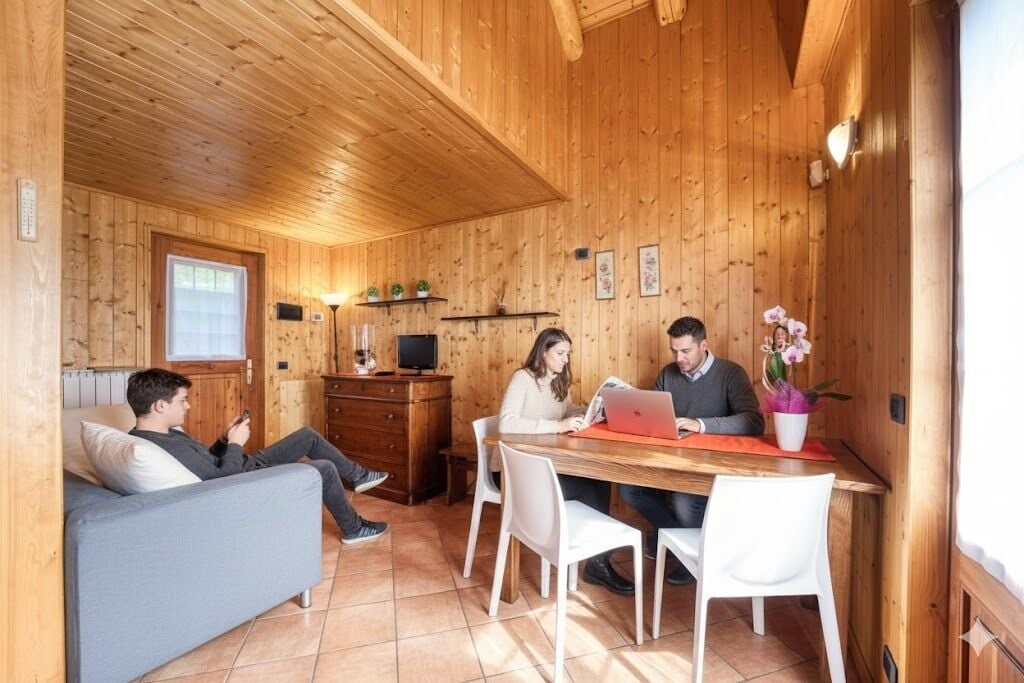 Un acogedor interior de cabaña con paredes de madera, un comedor con mesa y sillas, y un sofá.