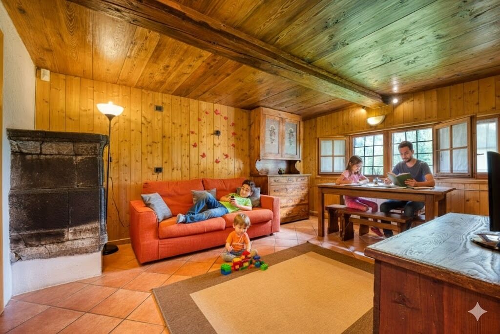 Un accogliente interno in legno con un camino, un divano, un tavolo da pranzo e un bambino che gioca con i giocattoli.