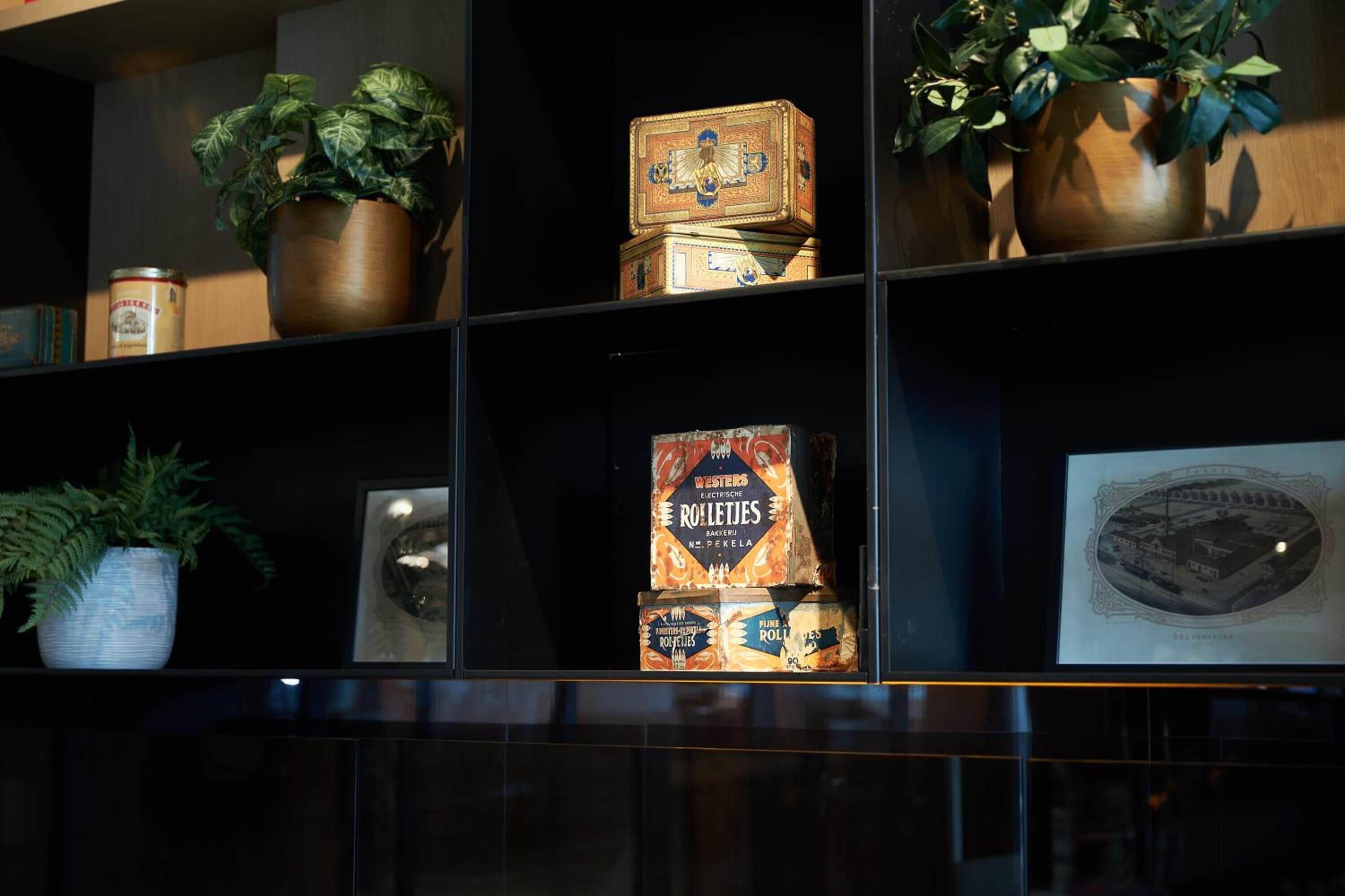 A shelf with various items including a potted plant, a decorative box, a framed picture, and a box of Westers Rollesjes.