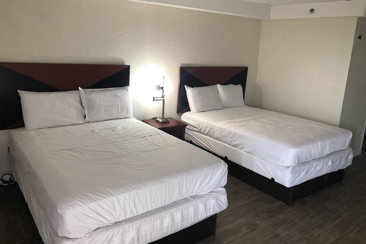 Habitación de hotel con dos camas individuales, cada una con cabecero de madera y ropa de cama blanca. Hay una mesita de noche con lámpara entre las camas.
