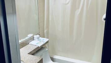 Deep soaking tub, hair dryer, towels, soap