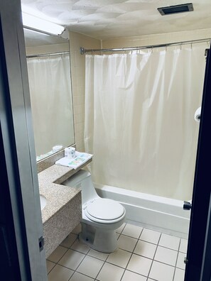 Deep soaking tub, hair dryer, towels, soap