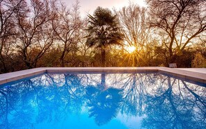 A rectangular pool with clear water reflecting trees and a sunset. - Vaal River YOLO Spaces – Vaal River Bush Lodge (Metsimaholo)