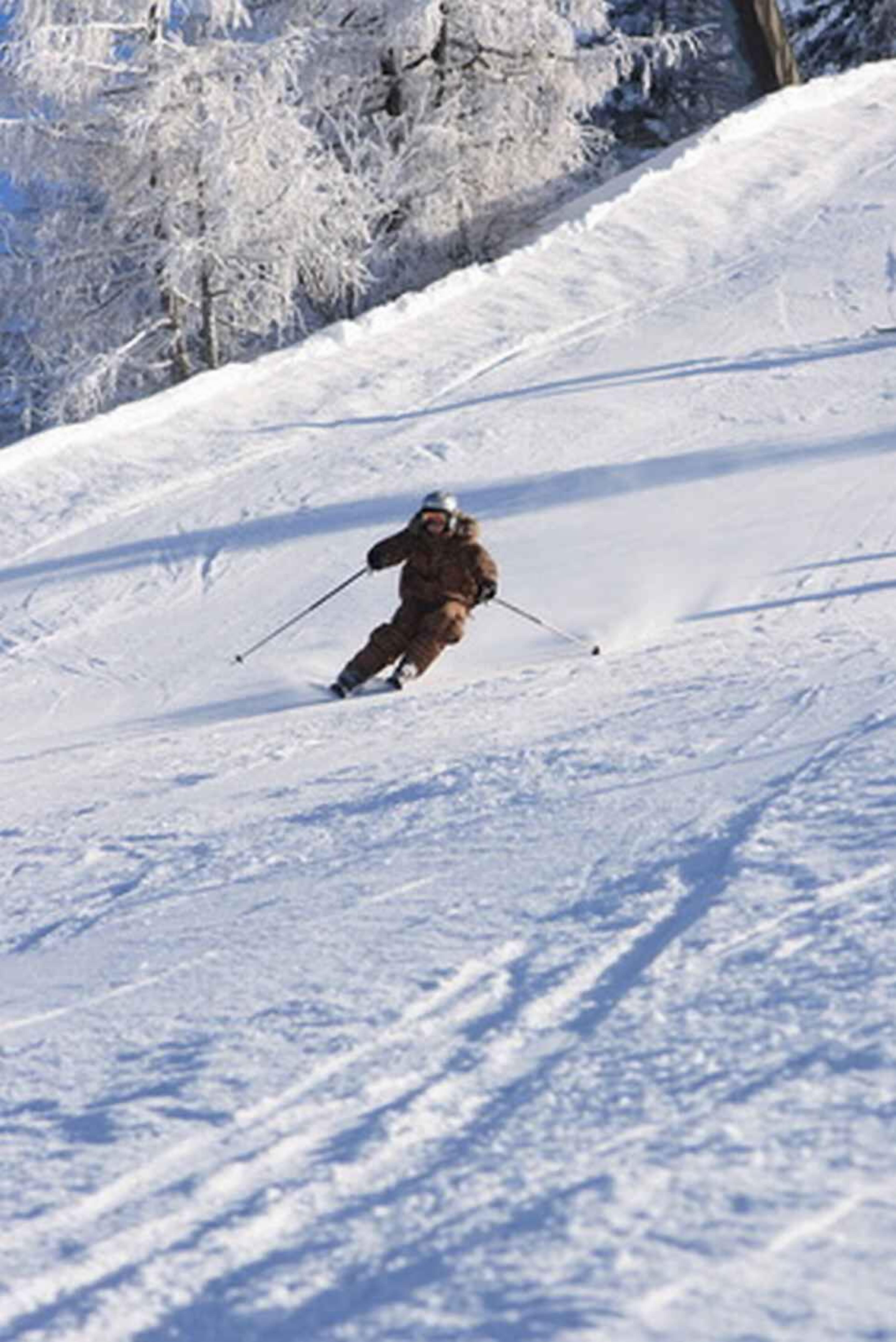 A person skiing down a snowy slope.