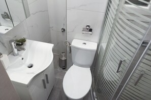 Apartment, 1 Bedroom | Bathroom | Shower, free toiletries, hair dryer, towels