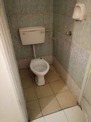 A small, tiled bathroom with a toilet, a wall-mounted urinal, and a toilet paper dispenser. - Sufra Resort Complex (Gilgil)