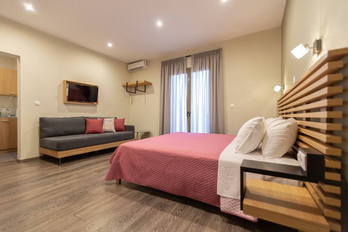 Ein modernes Schlafzimmer mit Bett, Sofa, Fernseher und Küchenzeile.