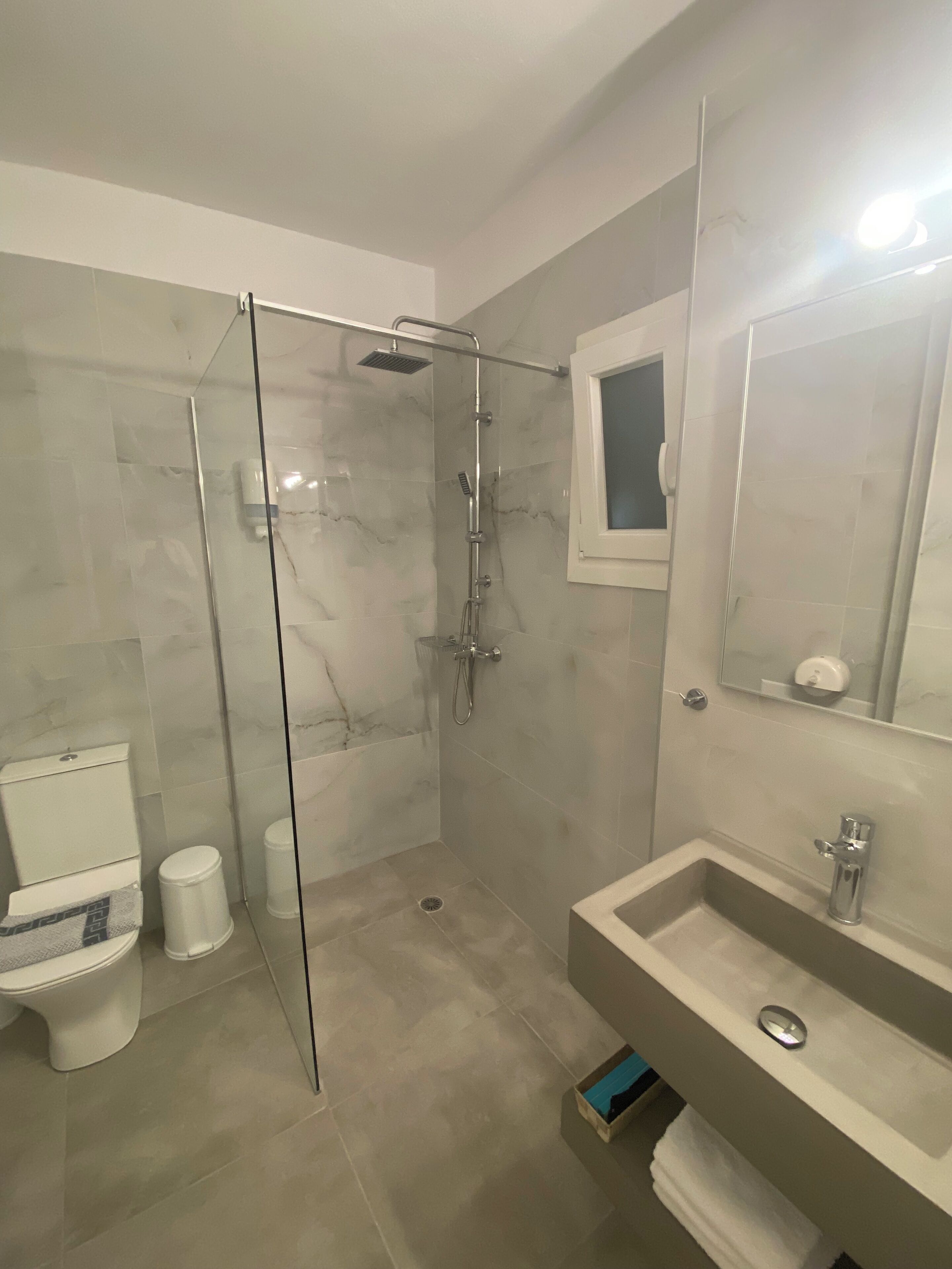 A modern bathroom with a glass-enclosed shower, a toilet, and a sink with a mirror above it.