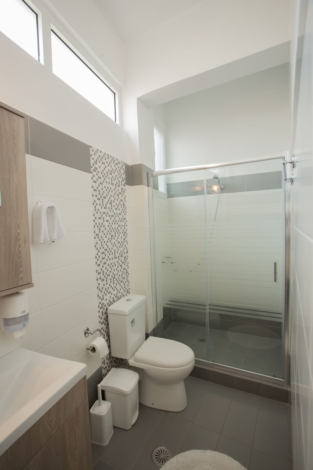Et moderne badeværelse med bruseniche, toilet og håndvask.