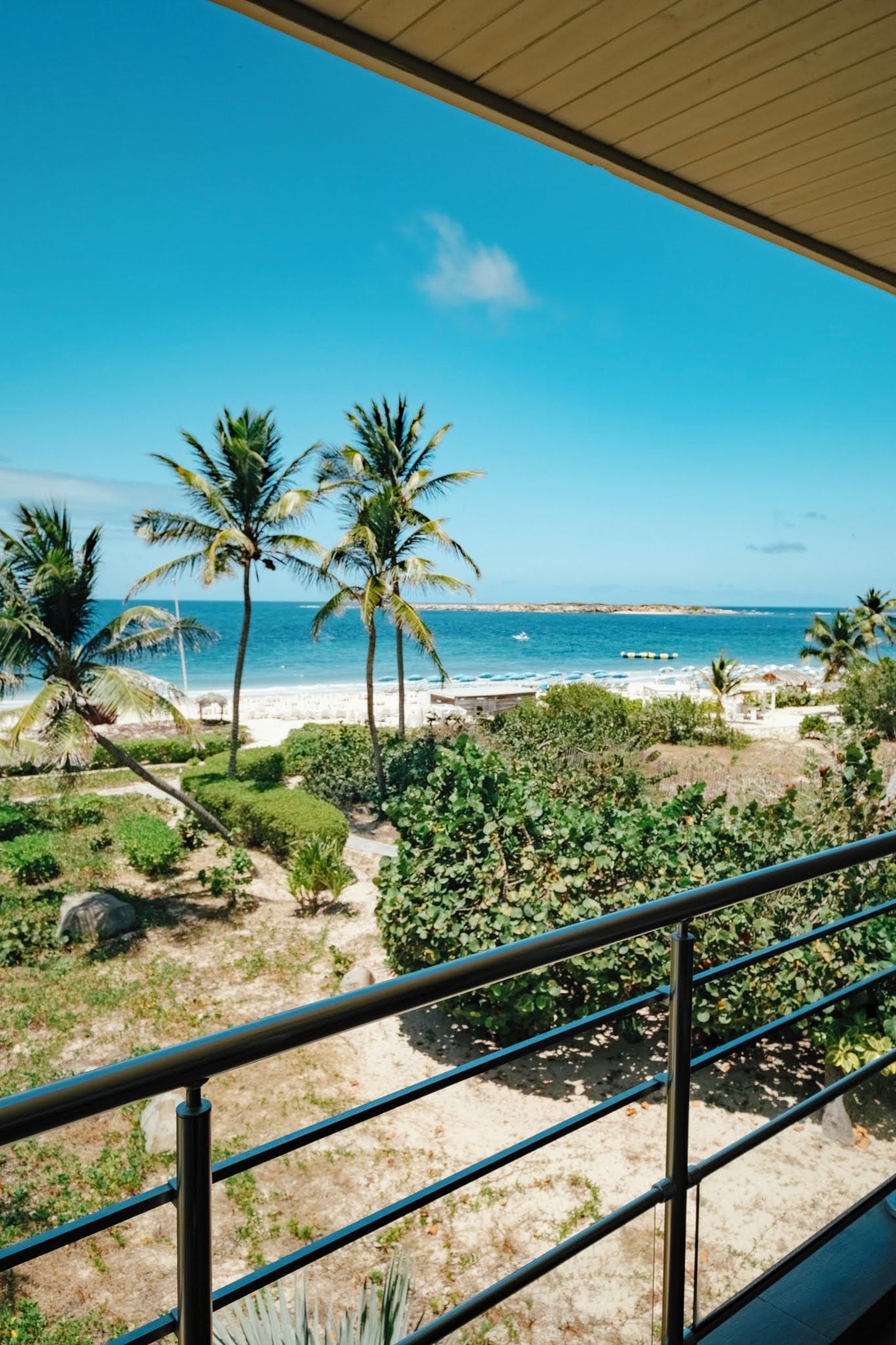 Un balcón con vista a una playa, palmeras y el océano.