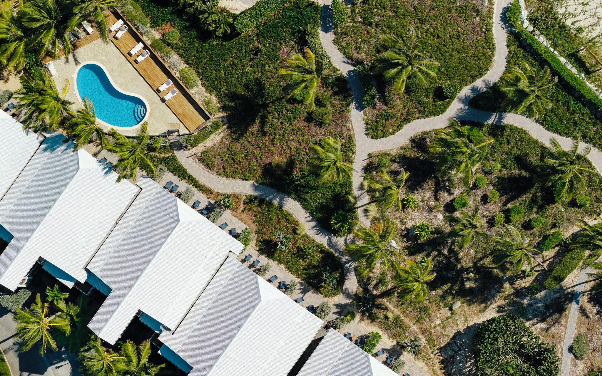 An aerial view of a resort with a swimming pool, palm trees, and a paved walkway.