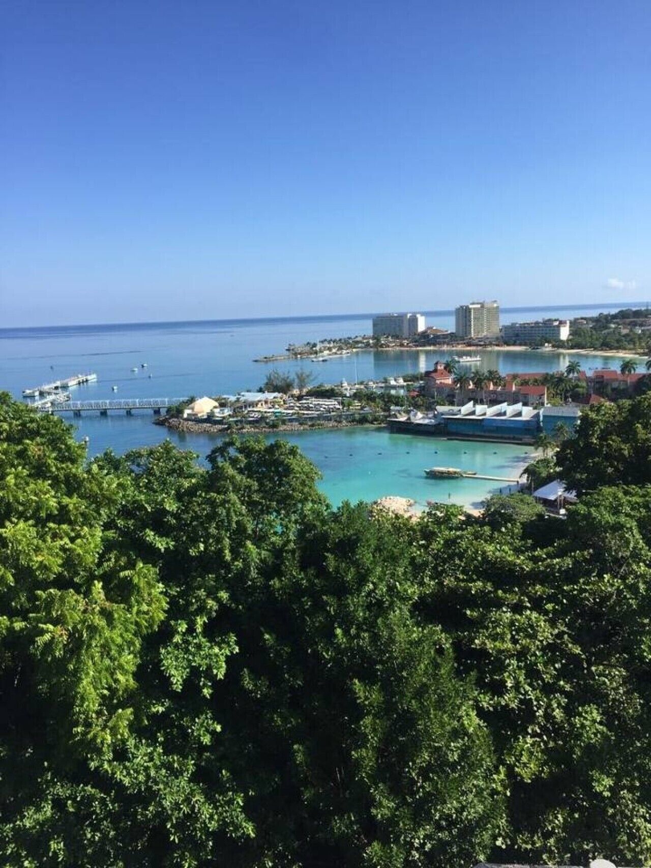 A coastal town with a marina, buildings, and dense greenery.