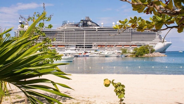A large cruise ship docked at a port with a sandy beach in the foreground. - Sunflower Serenade (Ocho Rios)