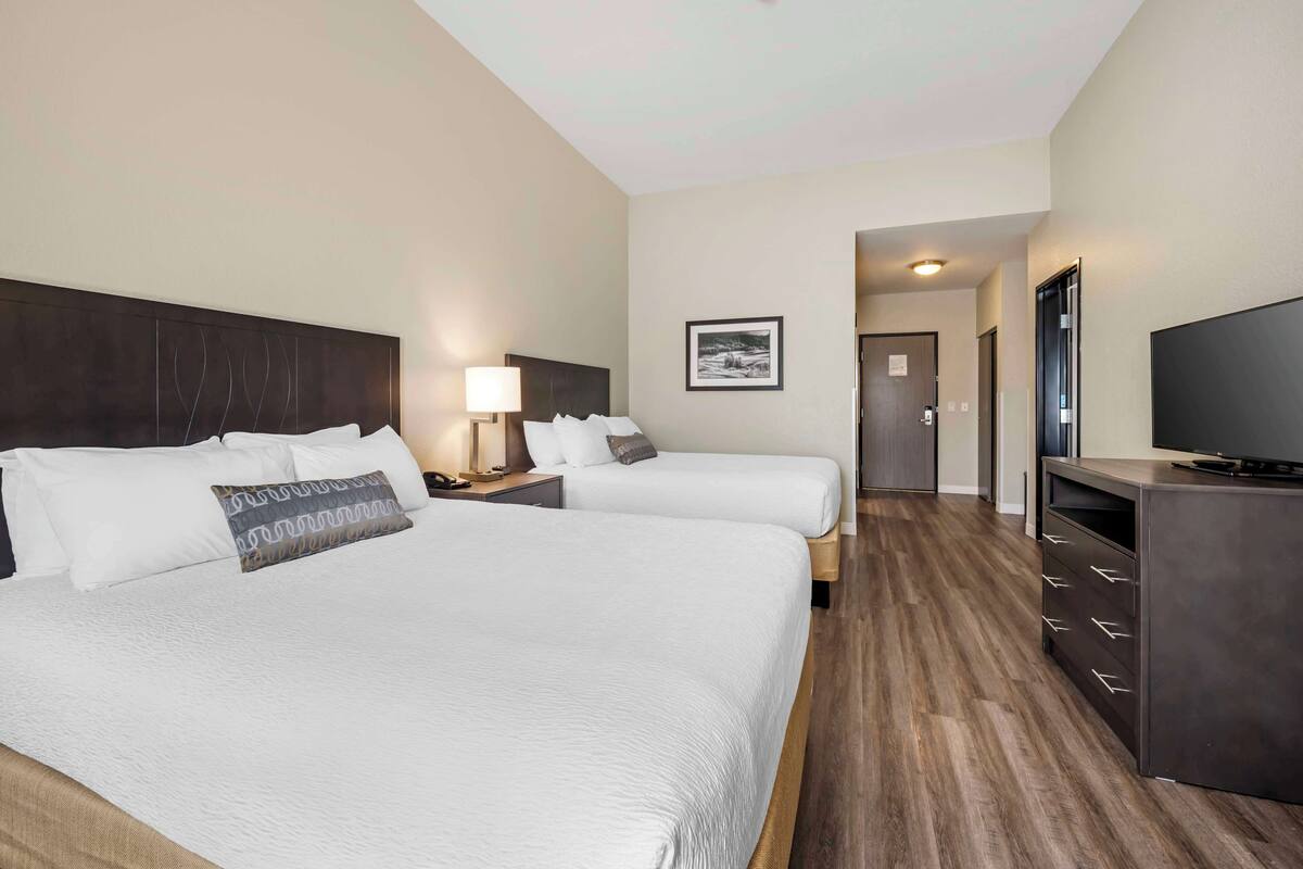 A hotel room with two beds, a desk with a lamp, a television, and a framed picture on the wall.