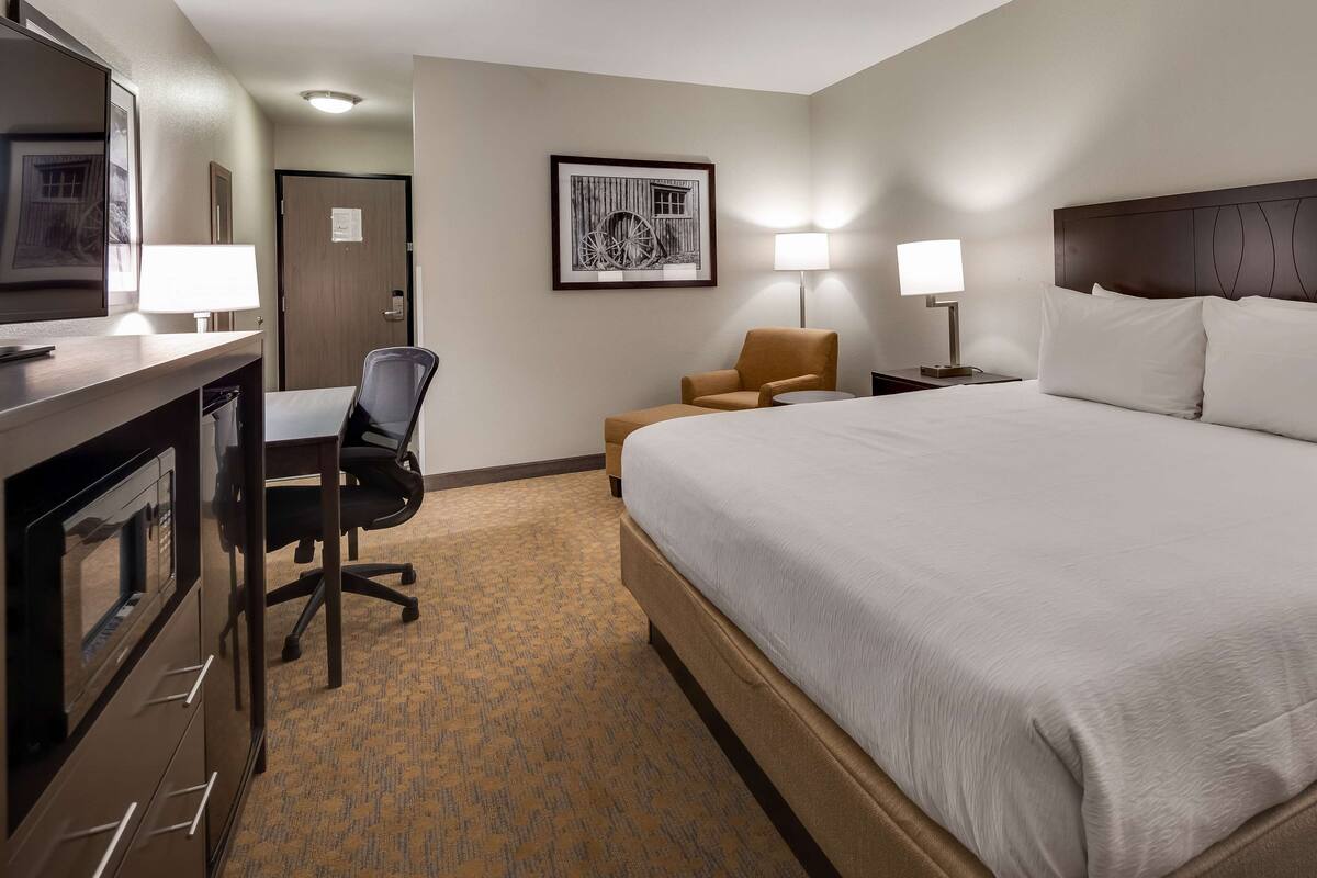 A hotel room with a large bed, a desk with a chair, a lamp, and a framed picture on the wall.