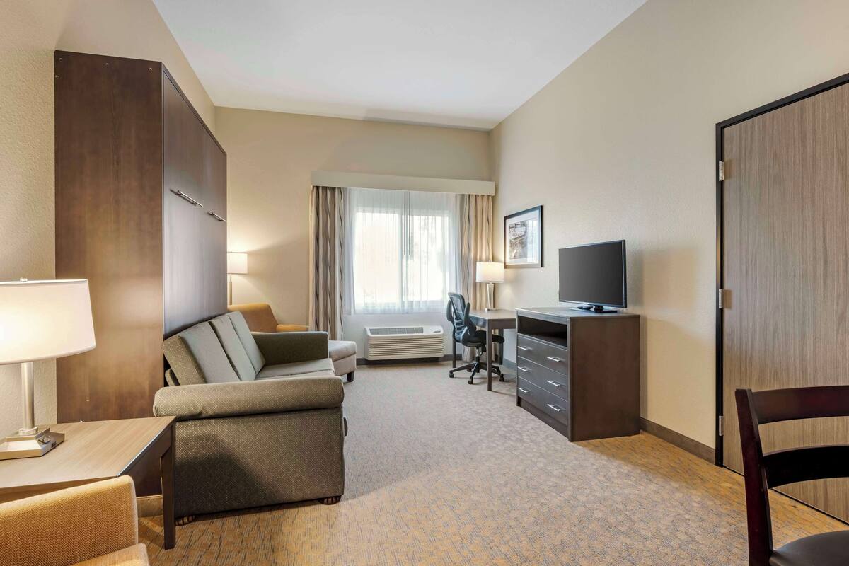 A hotel room with a sofa, a desk, a television, and a wardrobe.