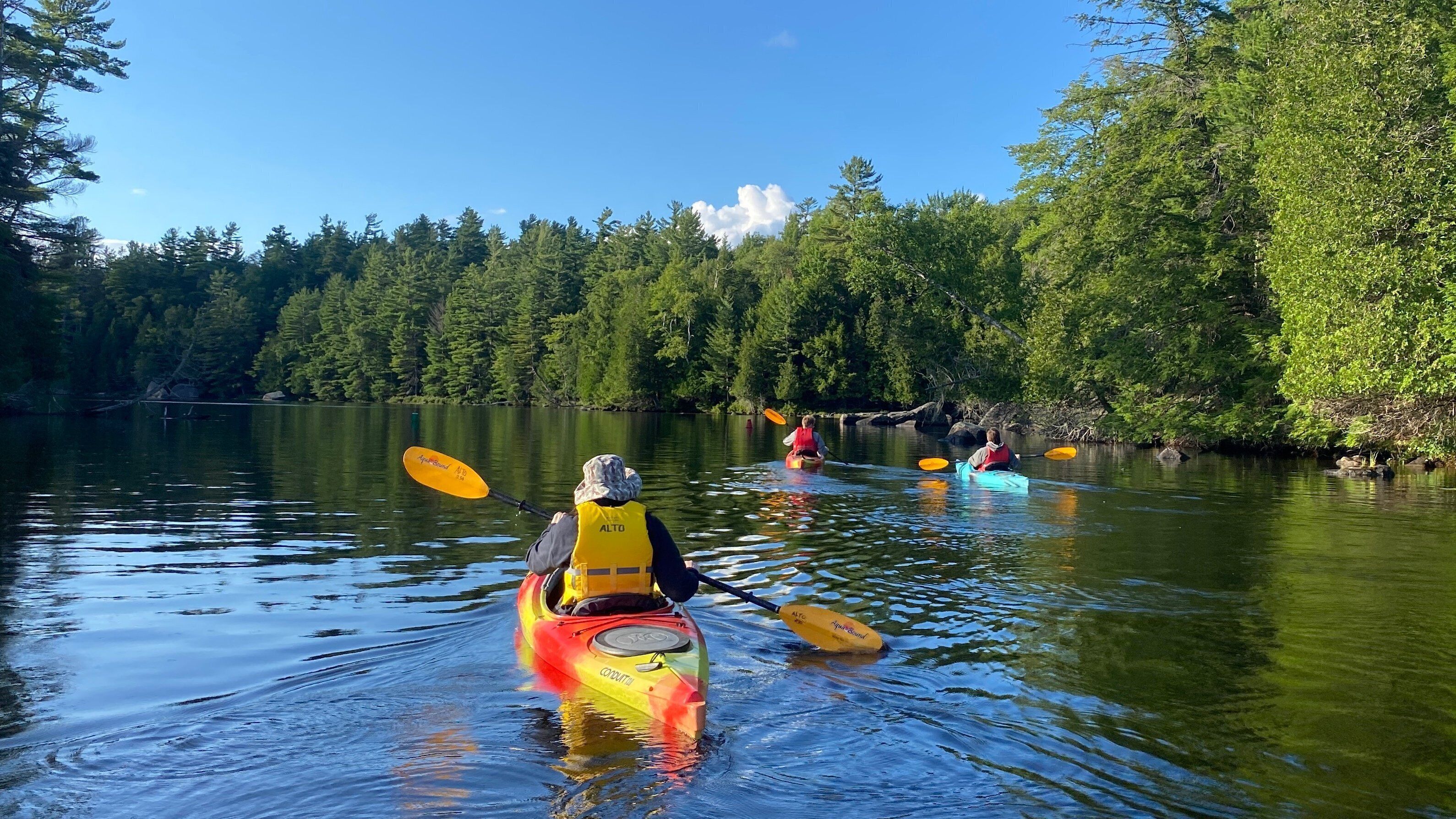 Un río tranquilo con kayaks y personas remando.