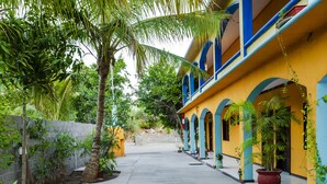 A corridor with a concrete floor, a yellow building with blue arches, and potted plants along the sides. - OYO Hotel Miramar, Loreto (Loreto)