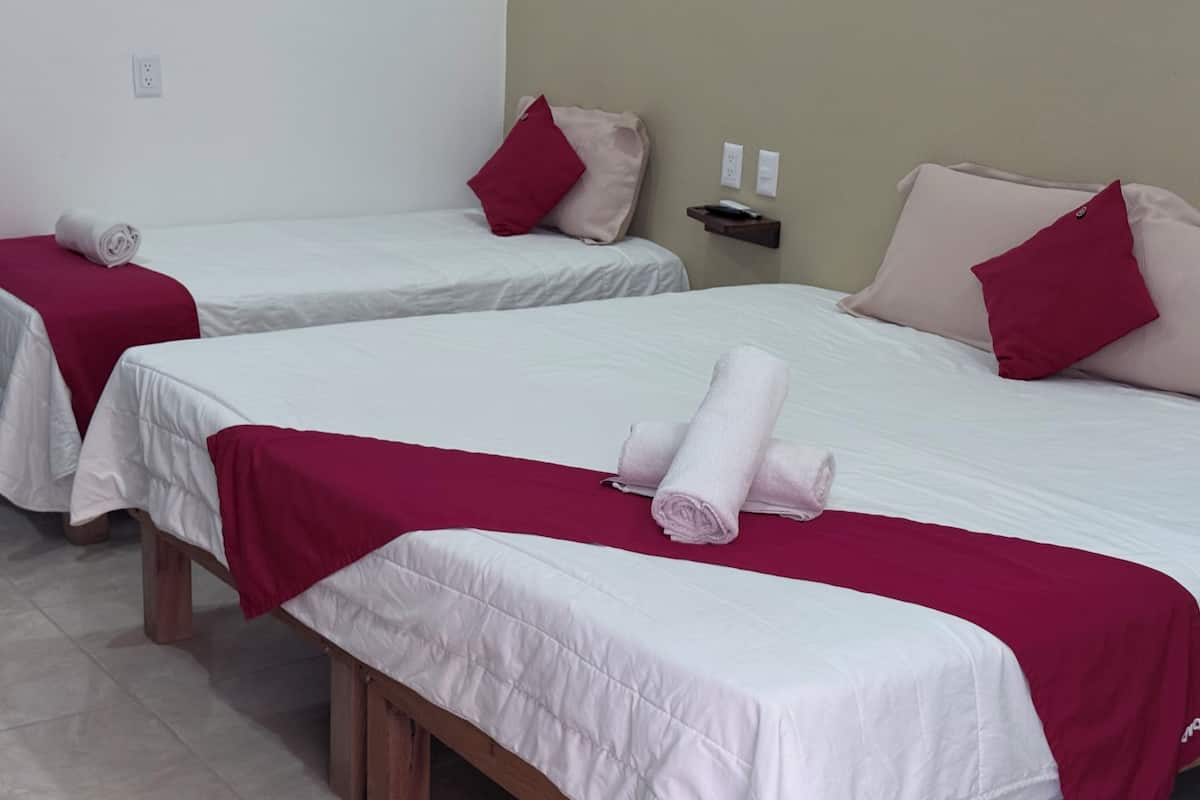 A hotel room with three beds, each with a white bedspread and red pillows. There are wooden headboards and a small bedside table with a lamp.