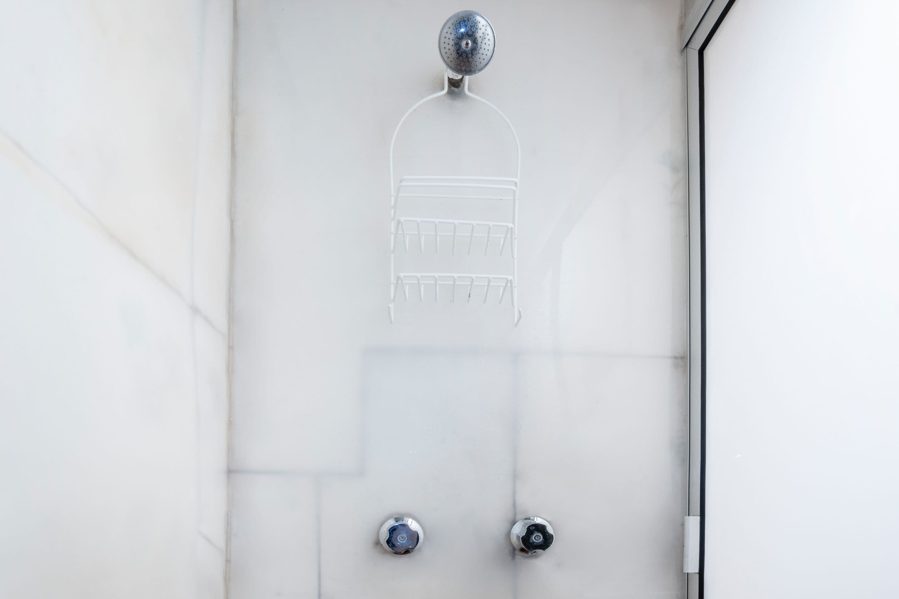 A shower with a wall-mounted control panel and a clear showerhead.