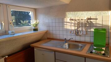 Kühlschrank, Mikrowelle, Herdplatte, Wasserkocher mit Kaffee-/Teezubehör