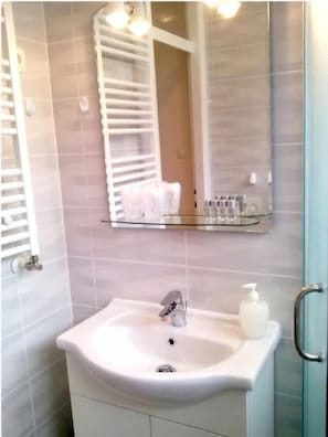 Shower, hair dryer, towels
